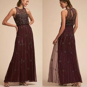 BHLDN Amada Beaded Maxi Dress Gown Bordeaux Plum Purple Silver Formal Evening 10